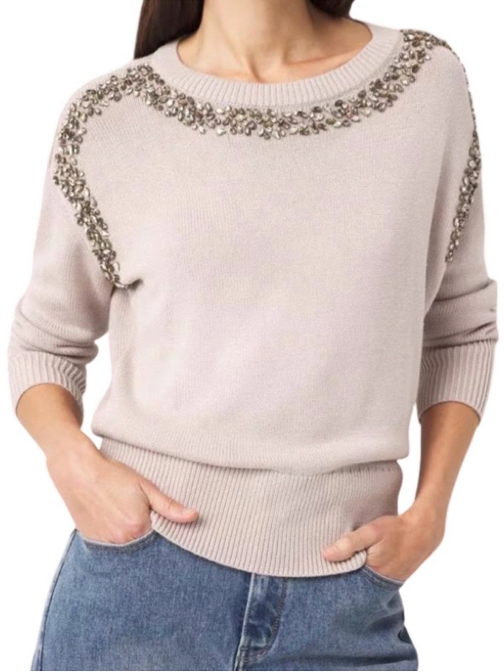 WHBM Embellished Crewneck Sweater Stardust Cream Tan Pink Size M